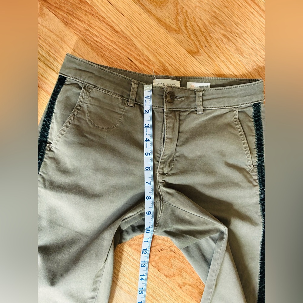 Anthropologie Stylish Olive Green‎ Pants with green velvet Stripe - Picture 5 of 7
